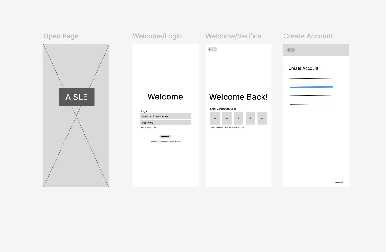 Open page, welcome and sign-in wireframes