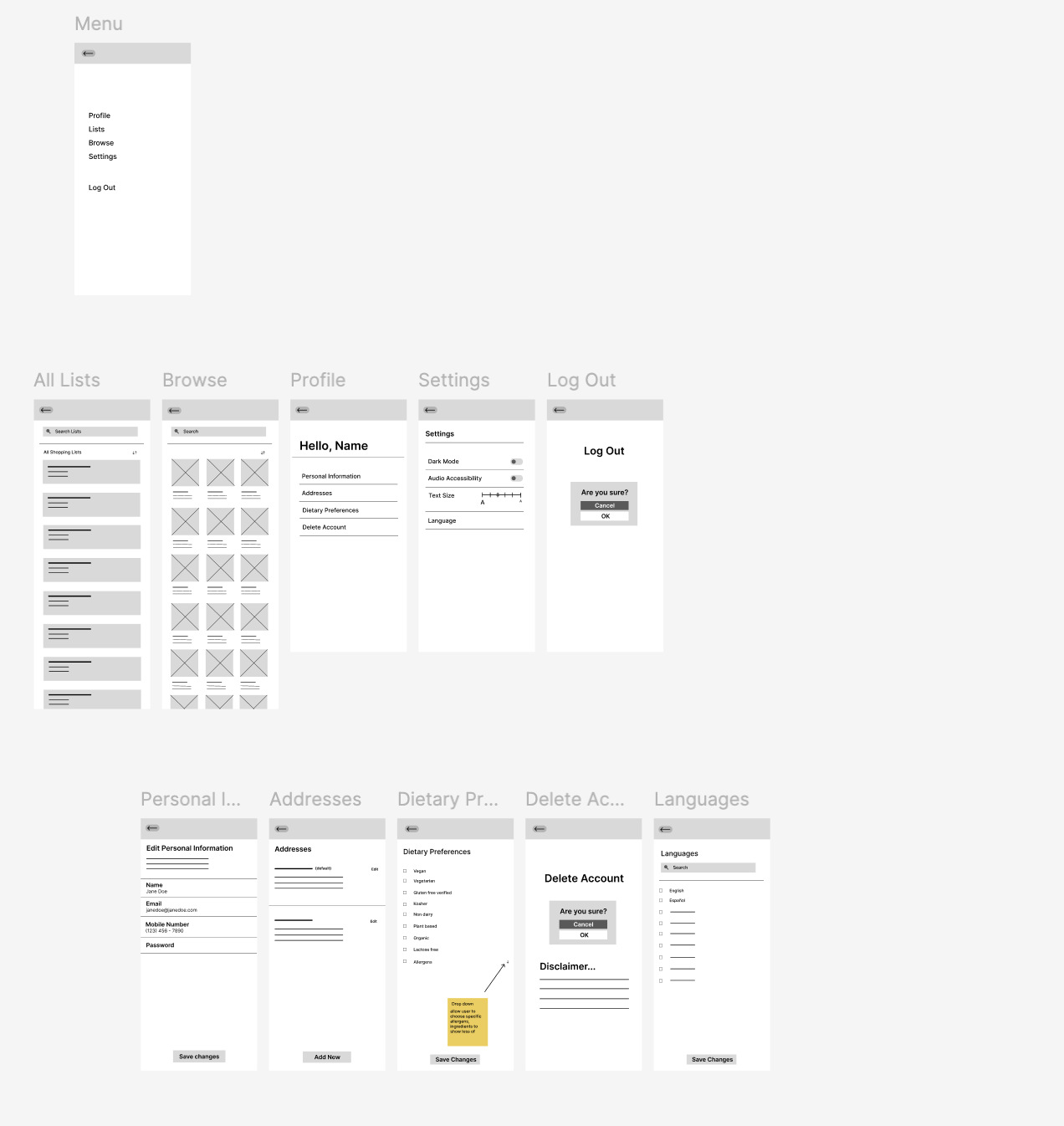 Menu and settings wireframes