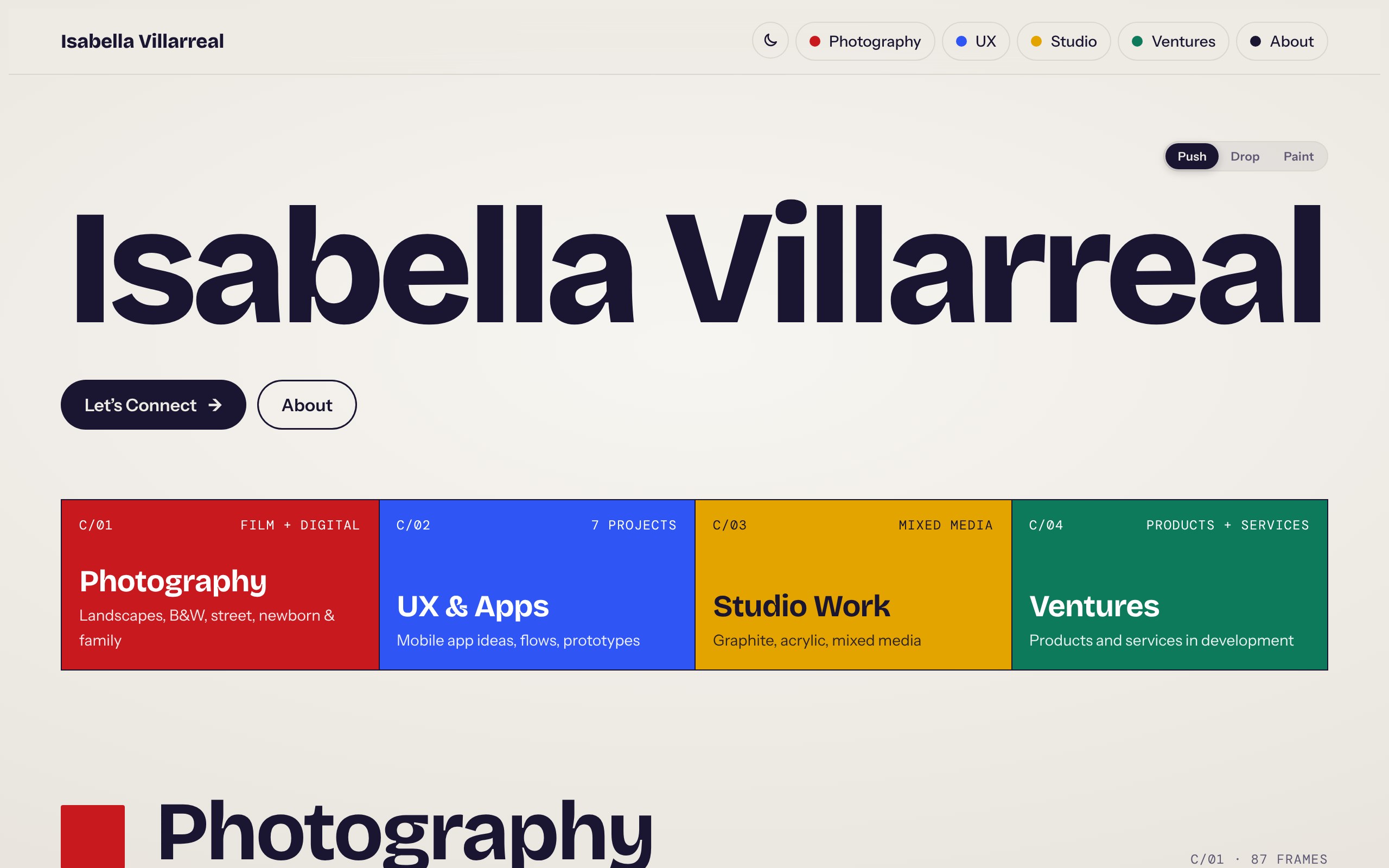 The site today: Isabella Villarreal hero with category blocks