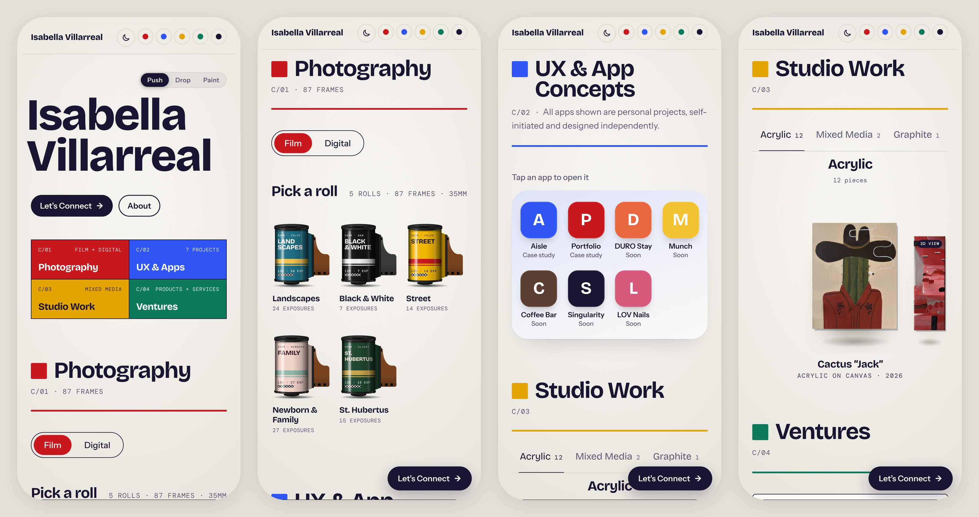Four mobile screens: home, photography, UX and Studio Work