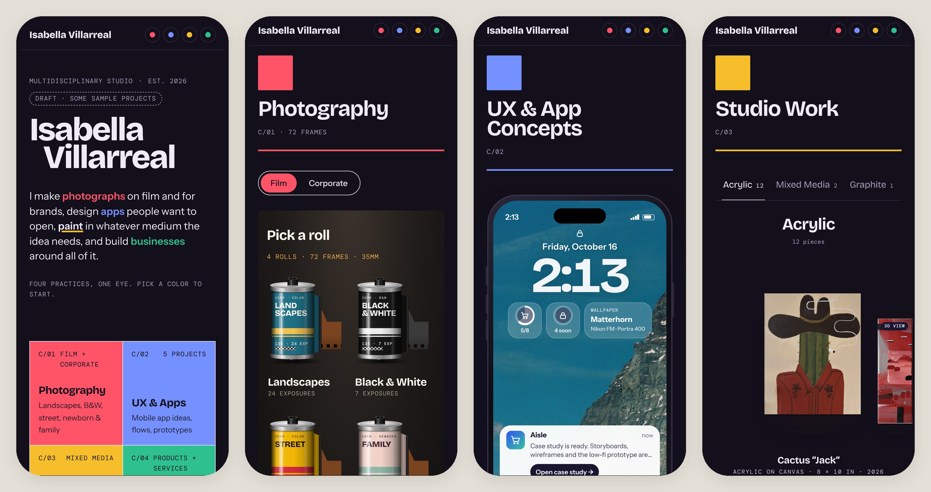 Before: the first mobile version in dark mode, with oversized film rolls, a phone inside the phone and an oversized Studio Work