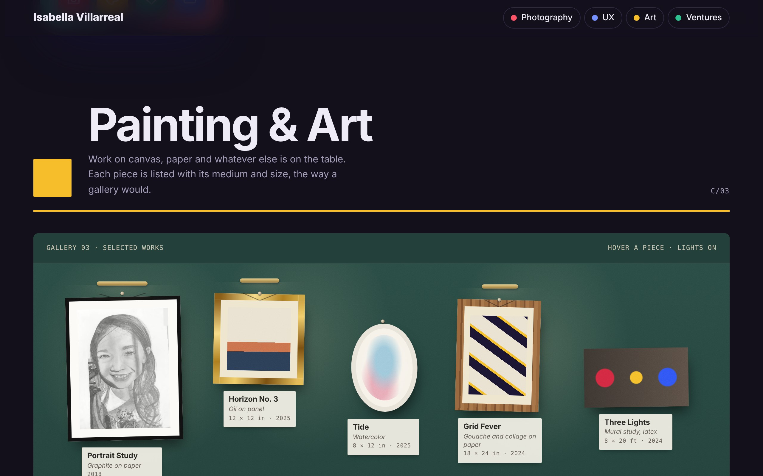 Art section, first version: gallery wall