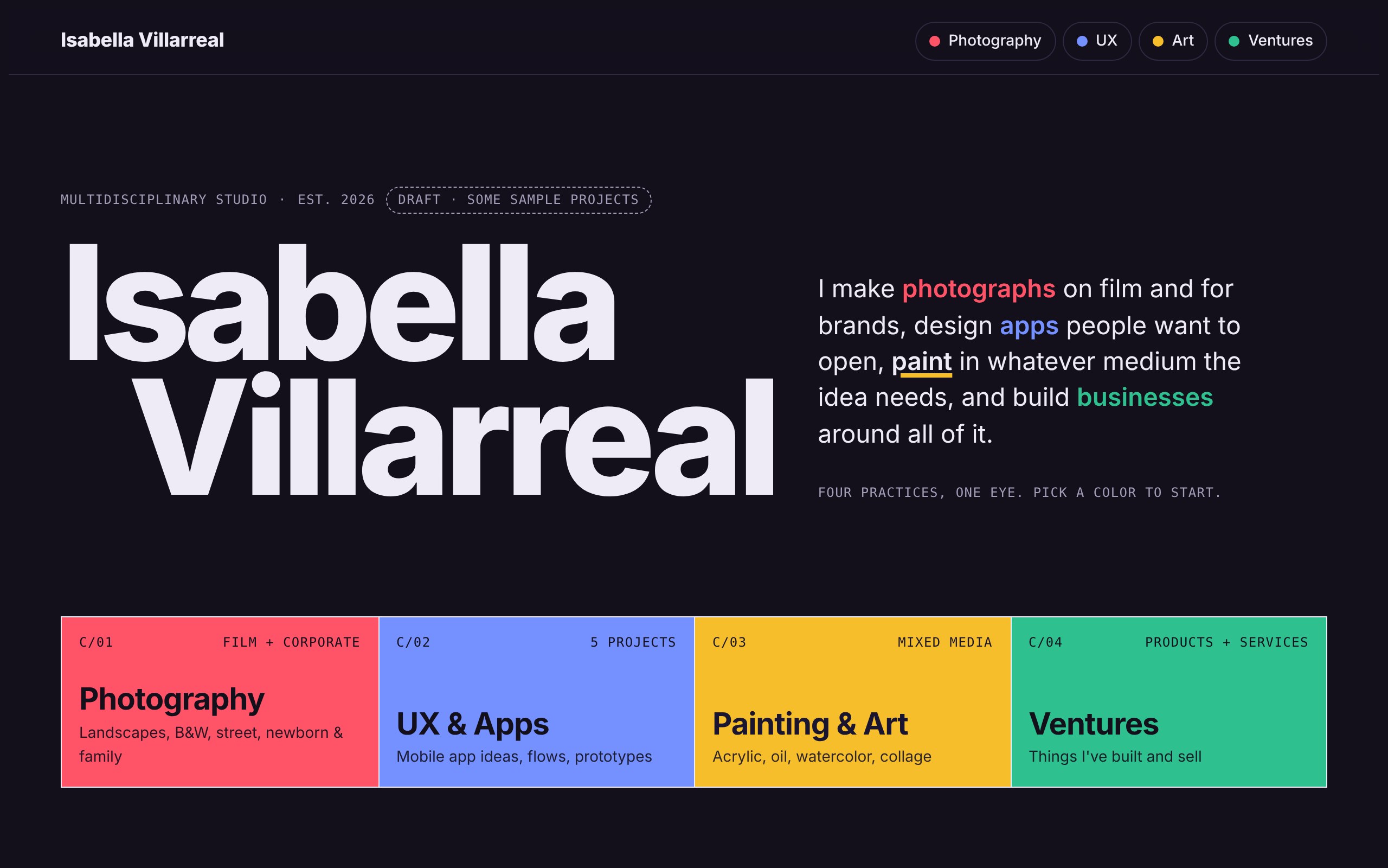First draft homepage, October 12, dark mode only