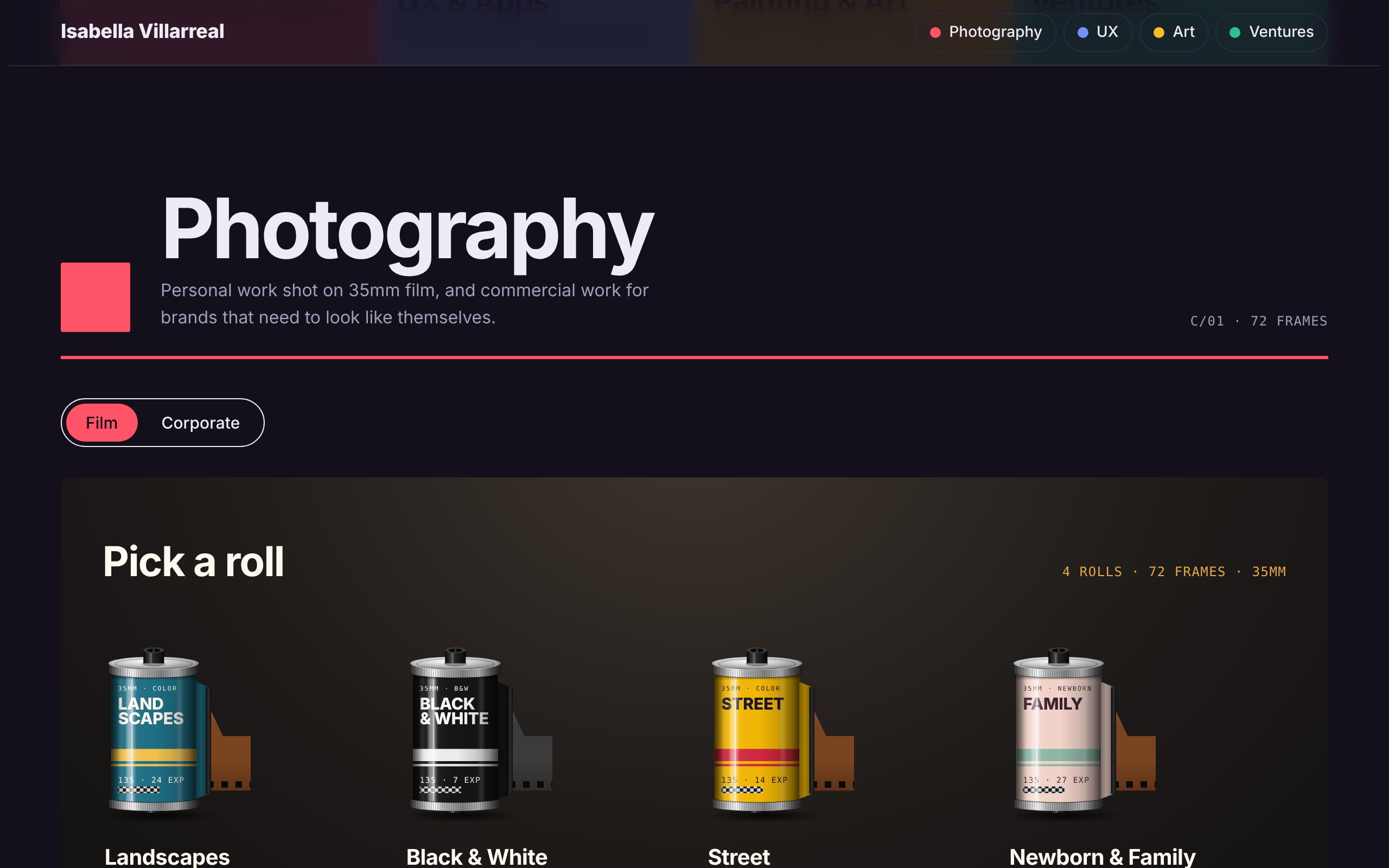 Photography section, early version: dark film rack